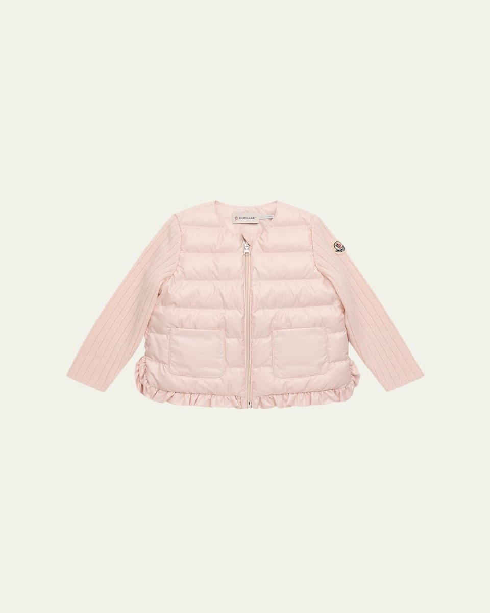 Girl's Rib-Sleeve Quilted Down Cardigan, Size 12M-